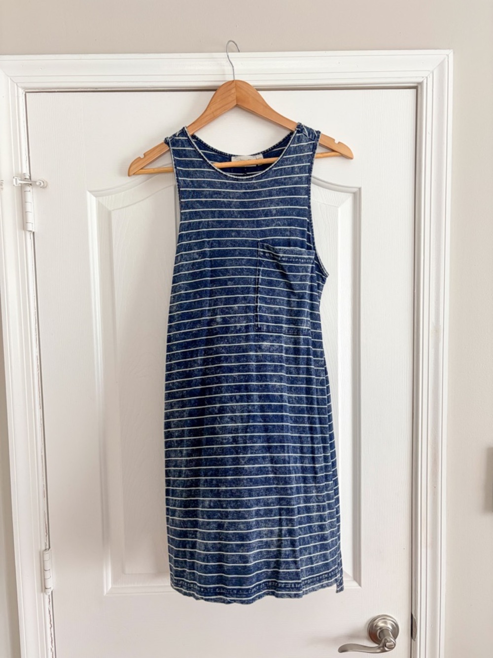 RD Style Blue Striped Acid Wash Tank Dress with Pocket - Small